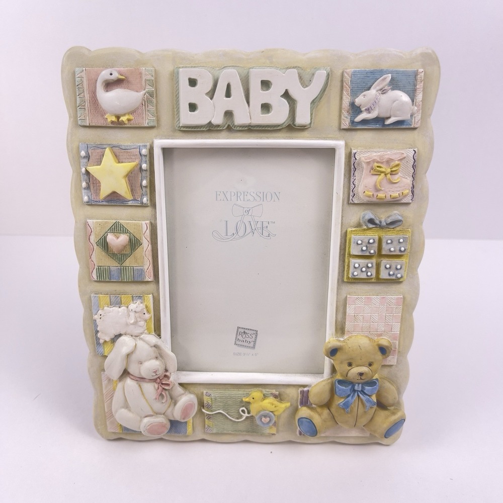 Vintage Russ Baby Expressions of Love Photo Frame Teddy Bear Bunny 3.5" x 5"